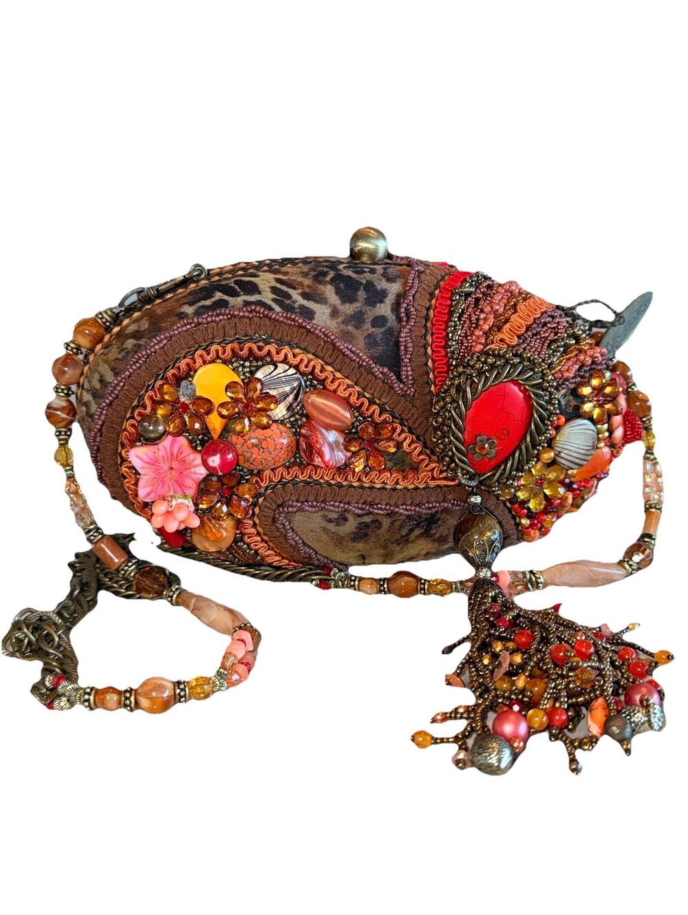 Mary Frances Sun Animal Print Earth Flower Pink Brown Crossbody Clutch Handbag